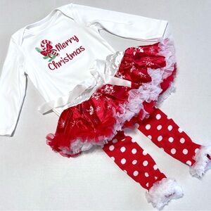 NWOT Christmas Outfit -
Embroidered Onesie, tulle tutu, leggings 12-18 months